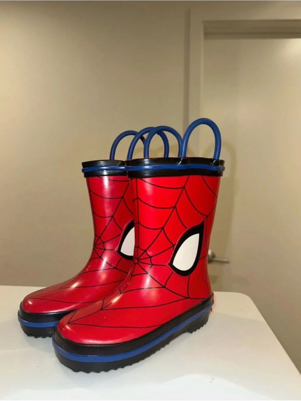 Kids Red Spider-Web Rain Boots with Blue Trim
